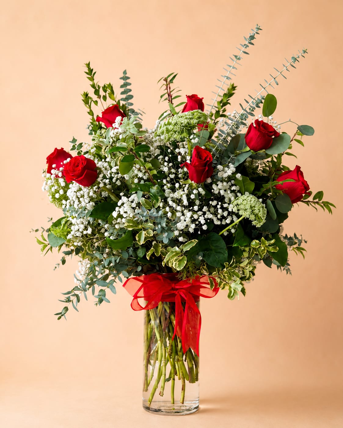 1 Dozen Roses Arrangement Standard - Red Roses with greens