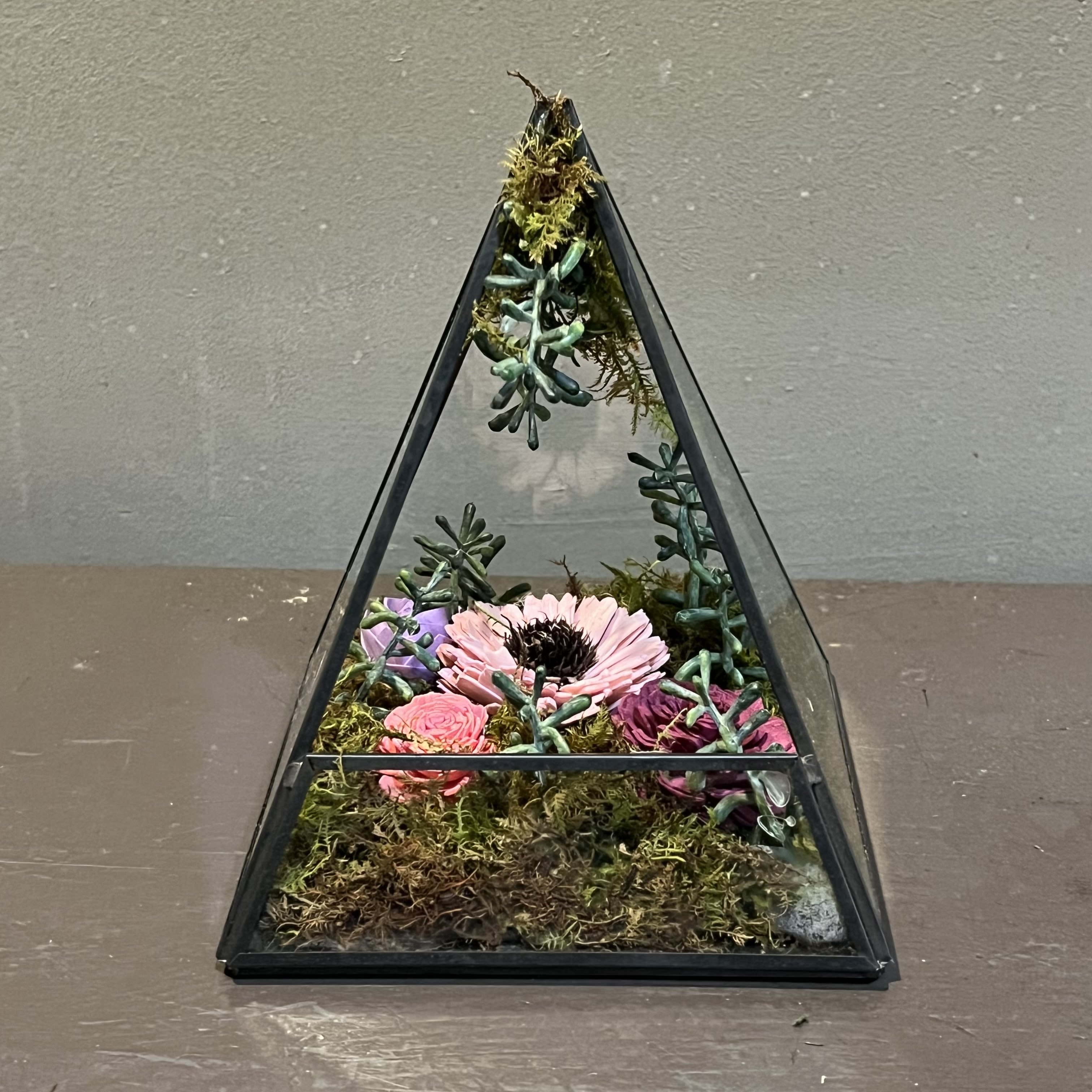 Sola Wooden Flower Centerpiece - Pyramid Terrarium - Hand-dyed and hand-crafted in Minneapolis, these flowers made of balsa wood are a wonderful everlasting floral arrangement - great for those with allergies!  Approx. Dimensions: 8"Tx6"W and arrives in a pyramid terrarium.