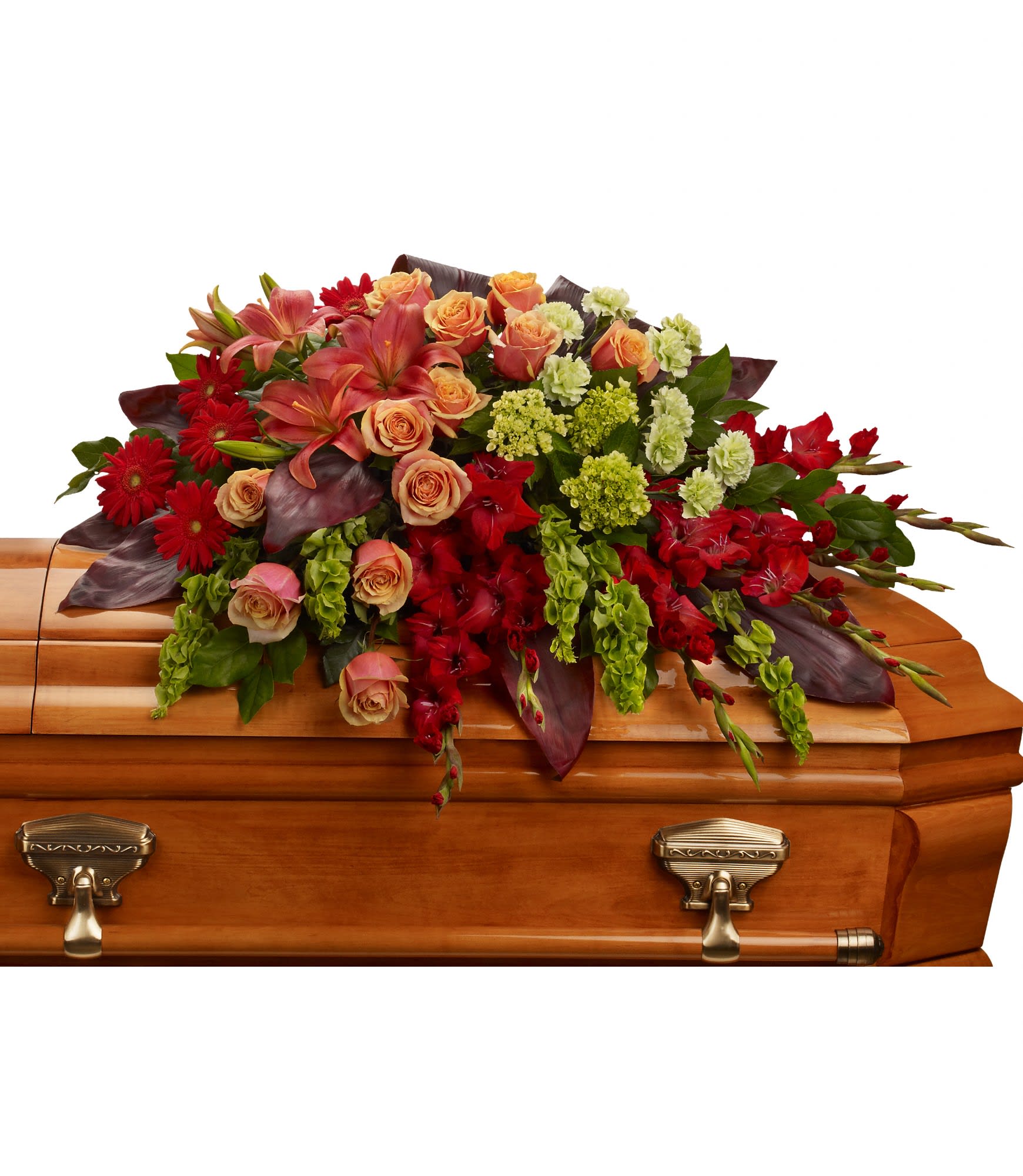 Fond Farewell Casket Spray - An overflowing of love and respect is joyfully expressed in this truly magnificent casket spray of orange roses and lilies and other brilliant blooms. 