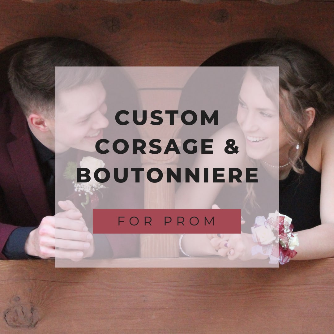 Prom couple holding a corsage and boutonniere with text overlay