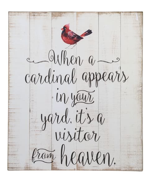 Wooden sign with a red cardinal and memorial quote