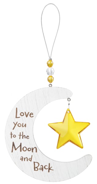 Moon-shaped hanging ornament with a yellow star and "Love You to the Moon and Back" text