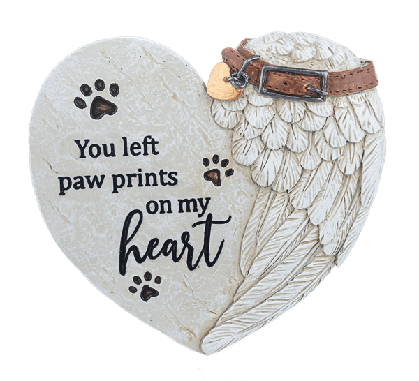 Heart-shaped memorial plaque with paw prints and angel wings