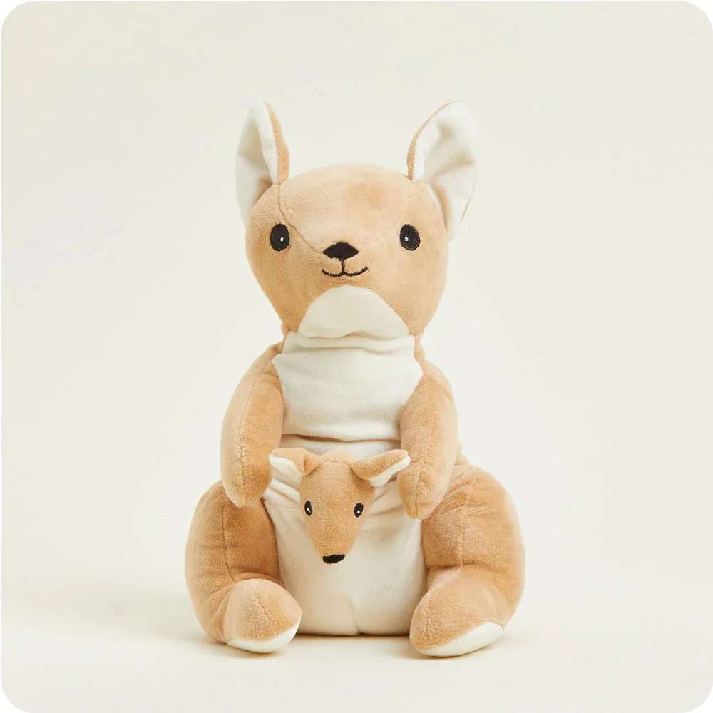 Two plush kangaroo toys stacked on a plain background