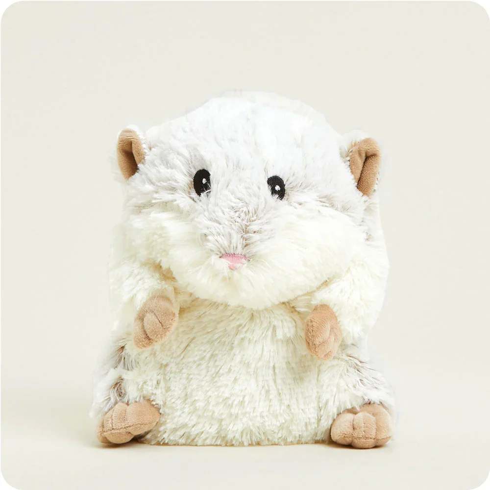 White plush hamster toy with tan ears and paws