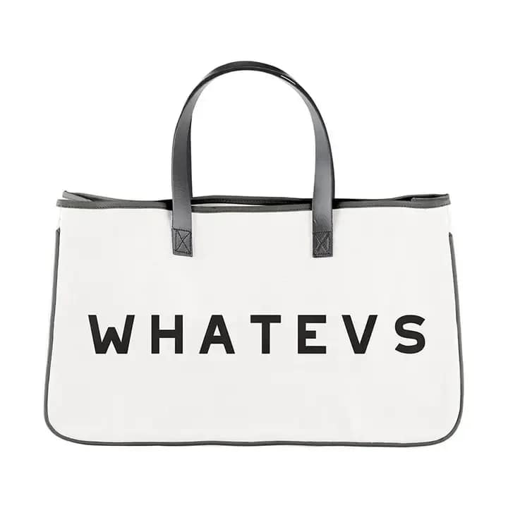 White tote bag with black handles and the word "WHATEVS" printed on it