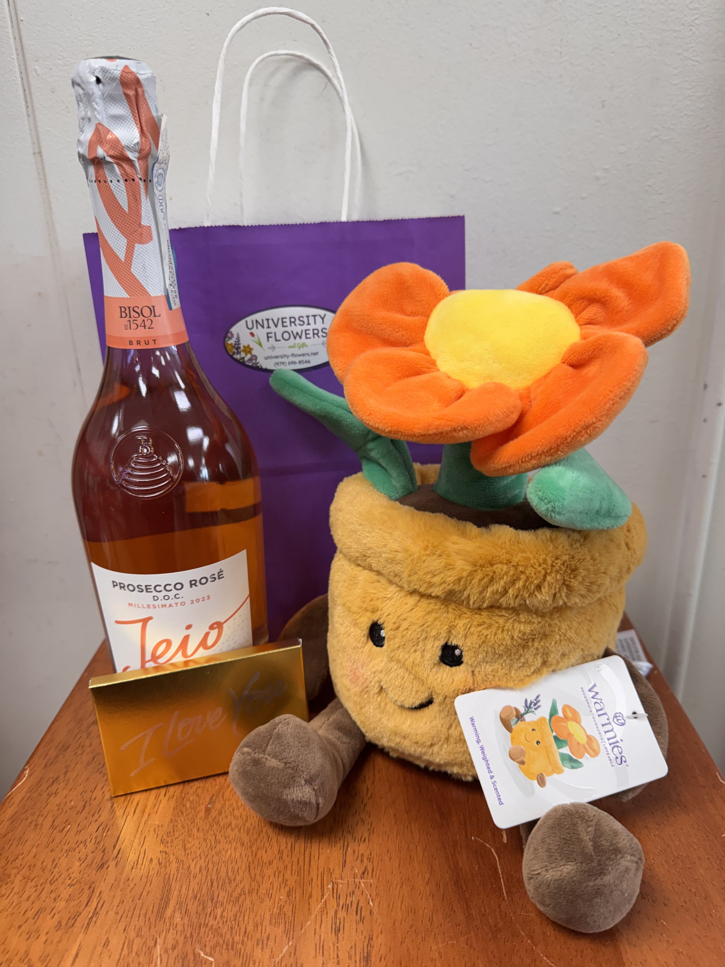 Celebrate Mom Gift Collection - Bottle of Prosecco, Warmie Flower Pot, I love you Chocolate bar