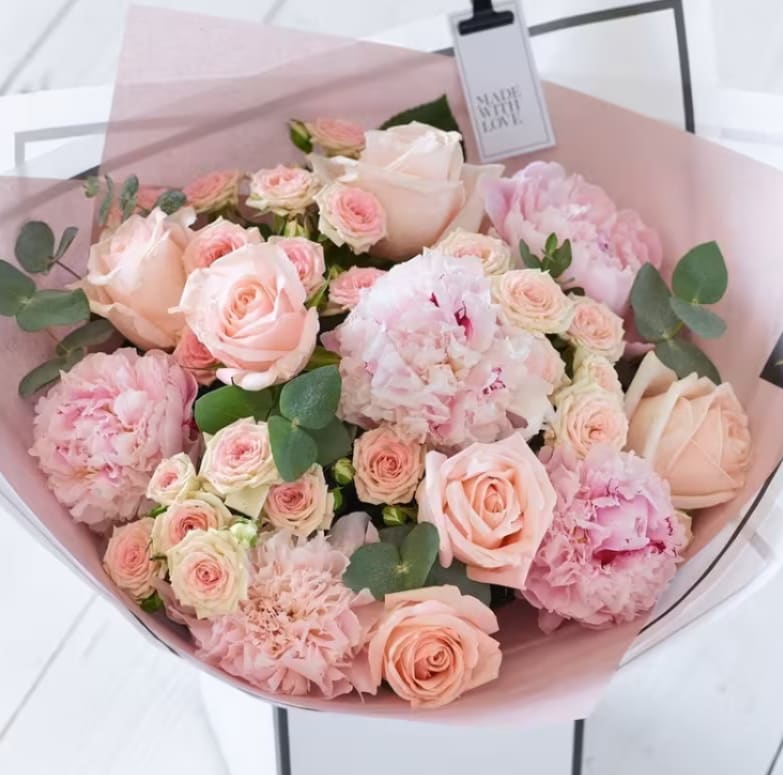 Luxury Beautifully Simple Peony Bouquet - At least five pink peonies plus coordinating summer pastel blooms -Standard 10-Deluxe  15-Premium 