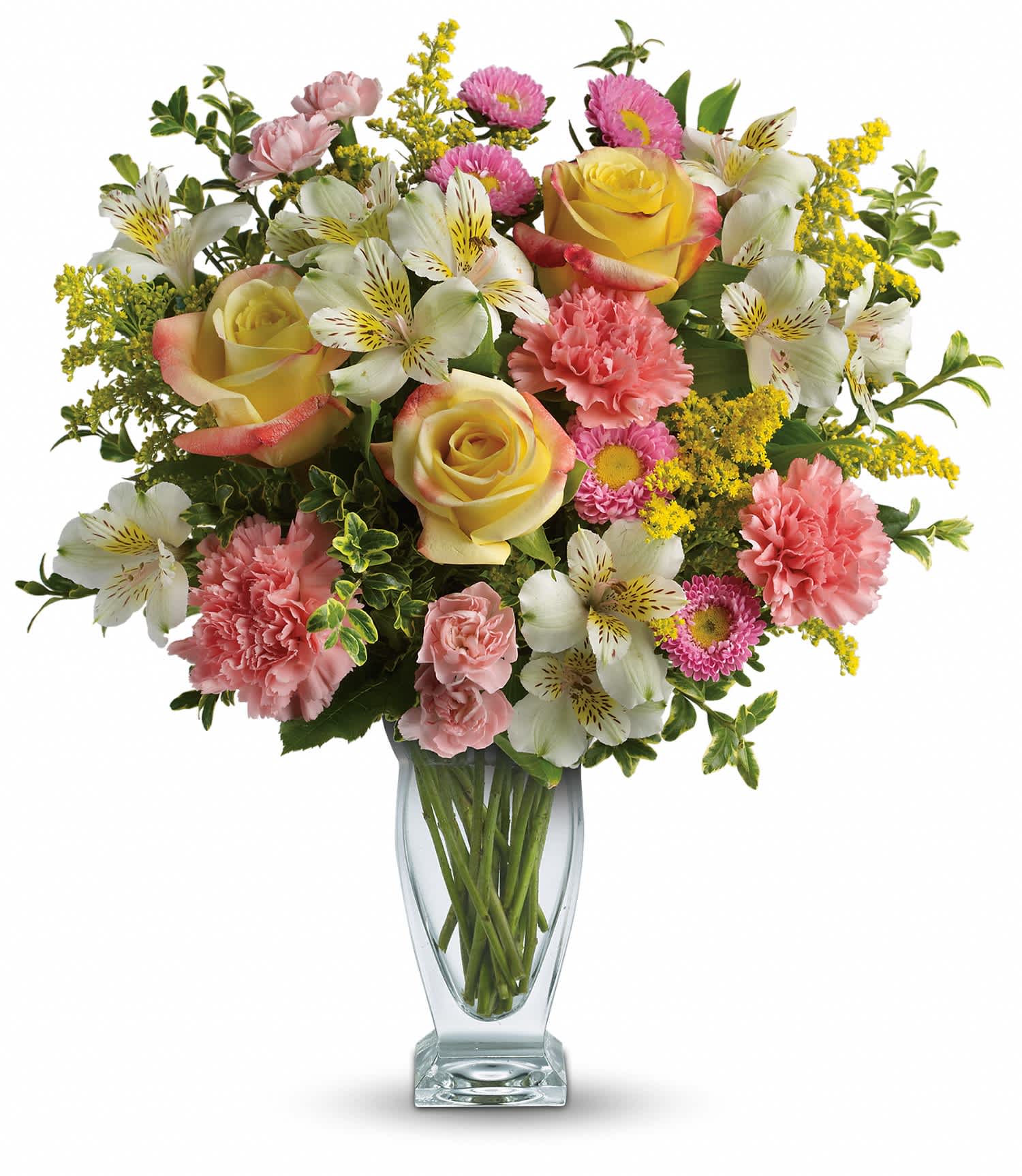 Meant To Be Bouquet by Teleflora - Yellow roses, pink carnations, white alstroemeria and pink asters are accented with solidago and oregonia. Delivered in a Couture vase. Approximately 16" W x 17 1/2" H