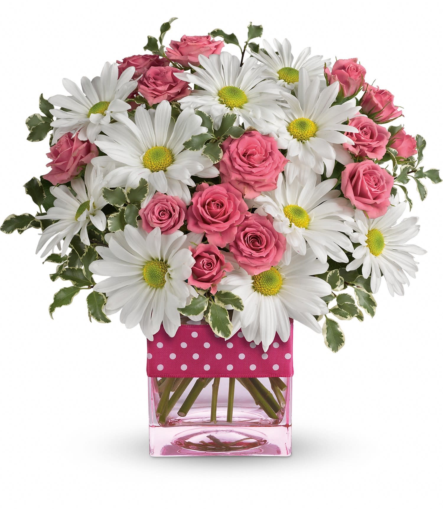 Teleflora's Polka Dots and Posies   - For a spring treat that can't be beat, this delightfully cheery bouquet of white daisies and pink roses - presented in a delicately tinted pink glass cube vase, accented with a matching pink polka-dot ribbon - is like a gift of pure joy! 