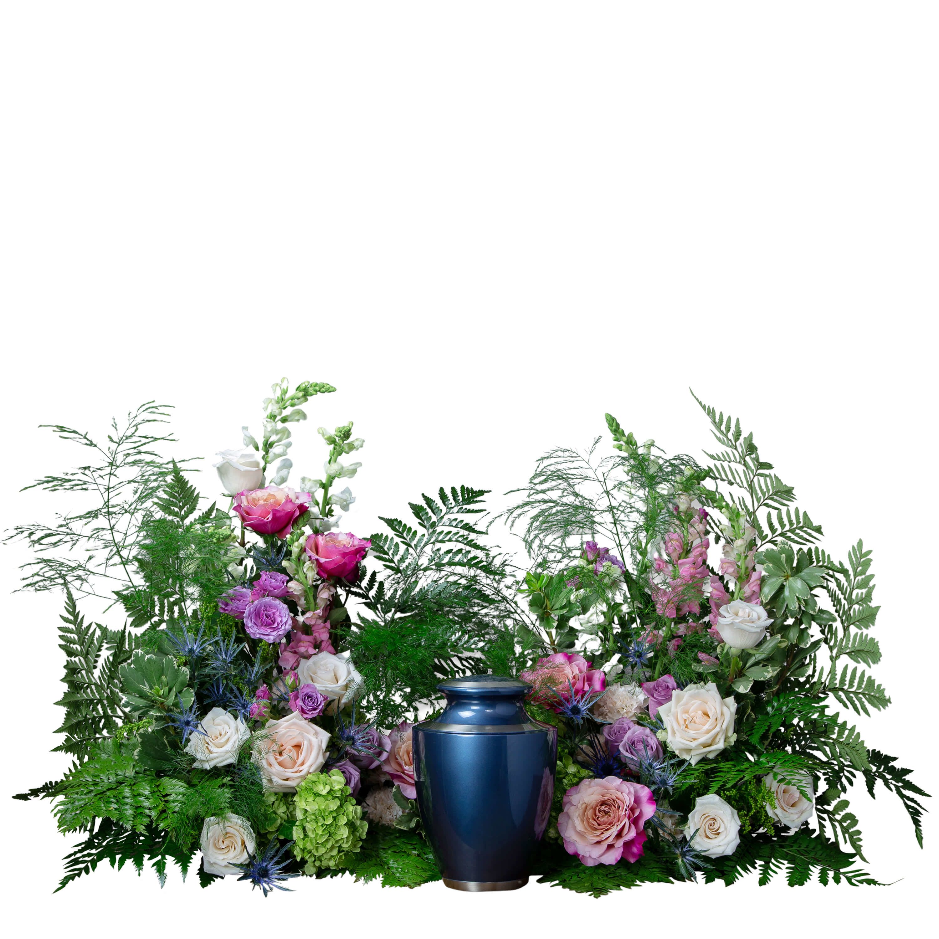 Heartfelt Remembrance Surround  - A loving embrace this memorial arrangement designed to surround the urn of your loved one features a unique spring mix of white, pink, green, blue, peach, lavender, and yellow featuring blooms like snapdragons, hydrangea, carnation and eryngium.