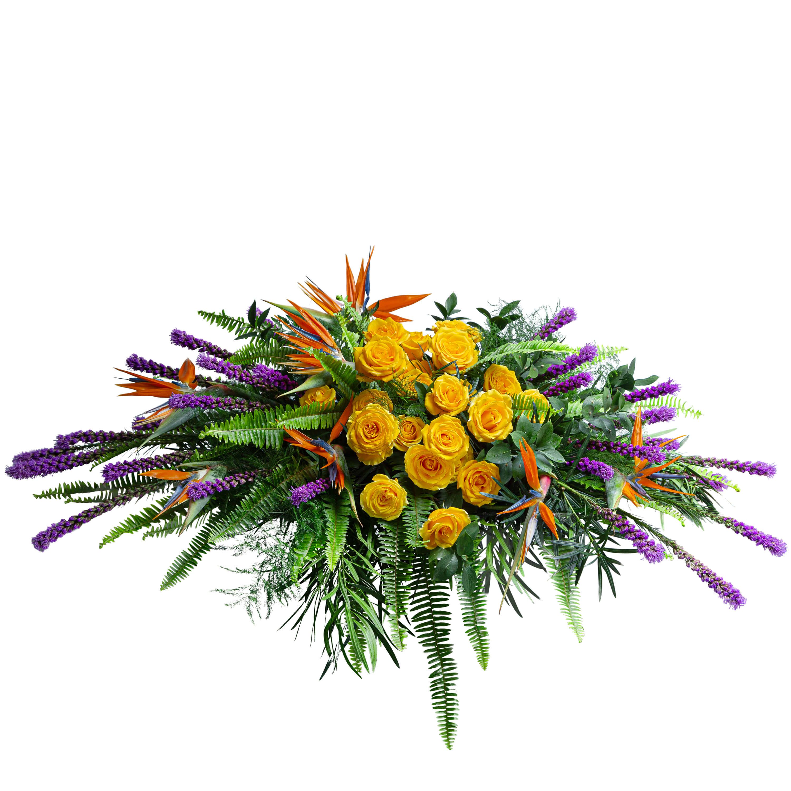 Birds of Solace Casket Spray - Honor a bright, joyful life with this tropical themed sympathy casket cover. Bright blooms of yellow roses, birds of paradise, and purple liatris are combined with a lush mixture of Florida foliage.