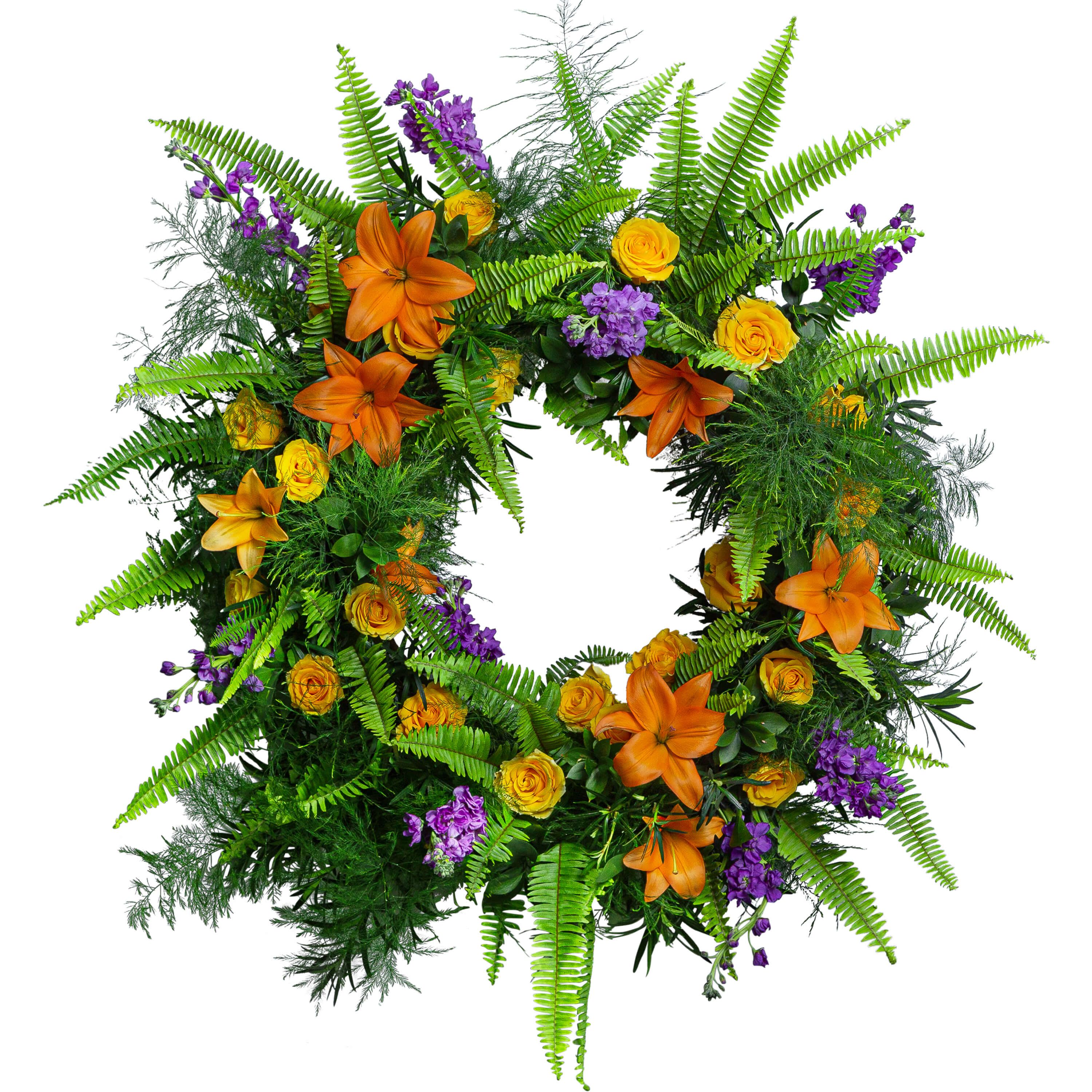 Birds of Solace Sympathy Wreath - The circular shape of a wreath symbolizes never ending love. Yellow roses combined with varying shades of green foliage create a simple yet stunning display of solace. This wreath will embody the joy your loved one brought to life.