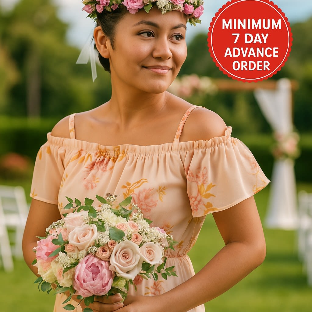 Bridesmaid holding pastel rose and peony bouquet with matching pink flower crown outdoors