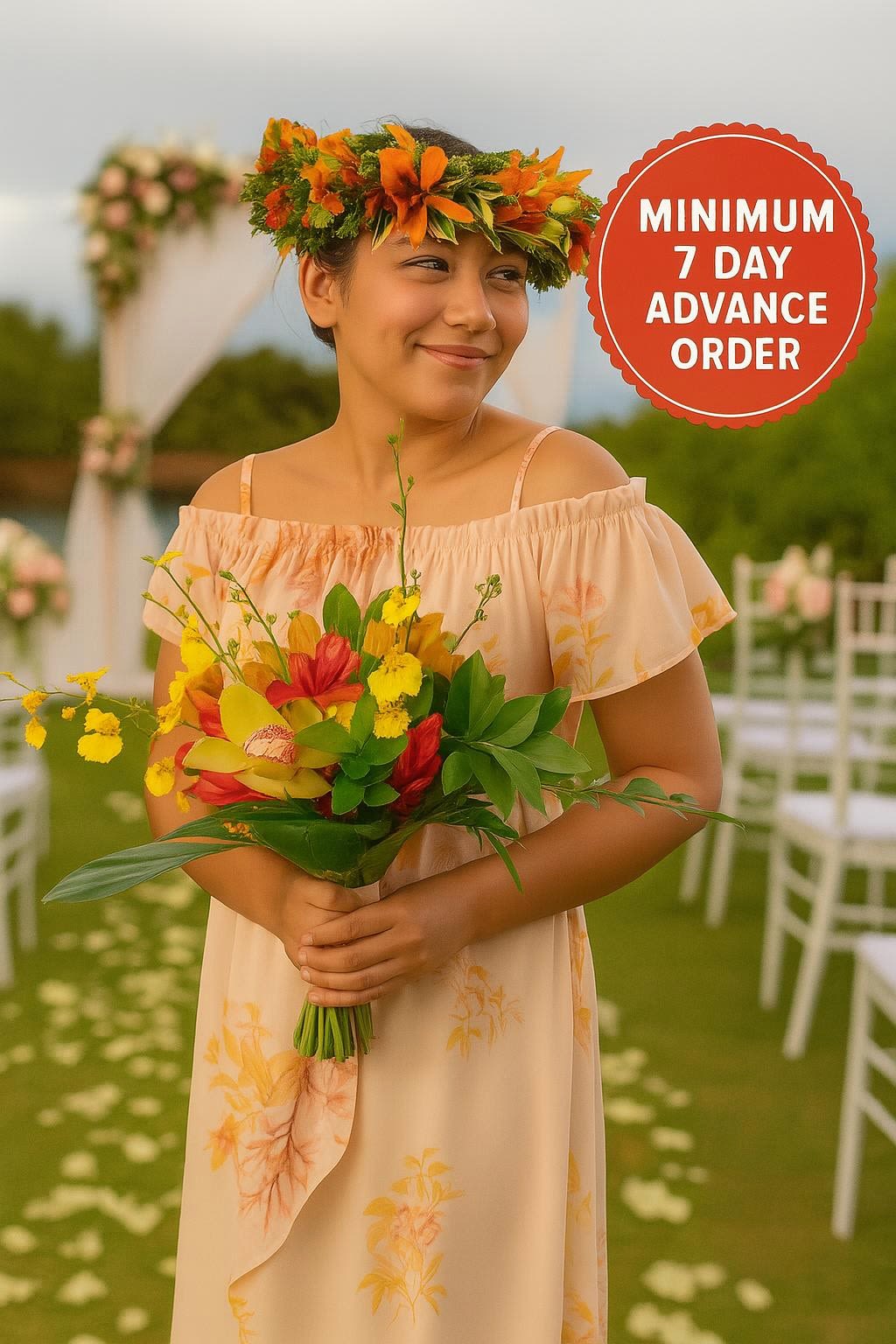 Woman in peach dress holding a tropical yellow and red bouquet with matching orange flower crown at an outdoor aisle.