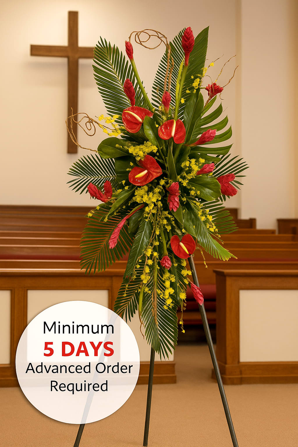 Tall tropical standing spray with red blooms and yellow accents on an easel in a church.