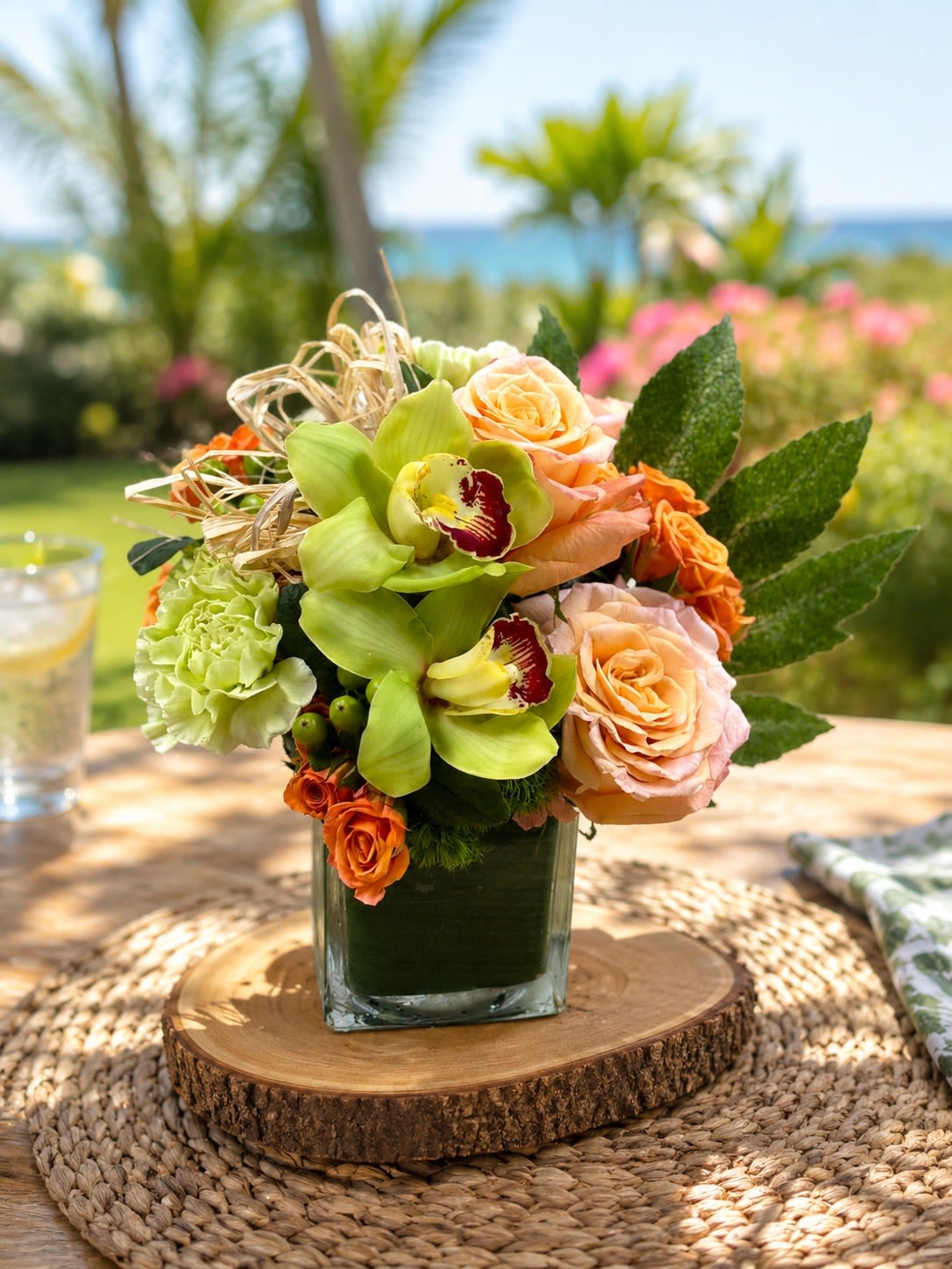 New Item! Summer Meadow (Available to order July 1!) - Peach and orange roses paired with vivid green orchids give this Summer Meadow arrangement an immediate lift-the kind of bright, cheerful bouquet that says "happy birthday," "thank you," or "thinking of you" without words. As an everyday gift arrangement for spring and summer celebrations, its citrusy warmth and tropical pop make the recipient feel noticed and genuinely celebrated.  This compact, layered design mixes peach and orange roses with pale green carnations, bright green orchids, and complementary foliage gathered tightly in a square glass vase. Dark green water or floral foam is visible inside the clear vase, and broad textured leaves plus decorative raffia lend natural texture and a hand-tied look. The color palette of orange, pink, green, and white creates lively contrast while remaining elegant and easy to place on a table or desk.  Perfect for friends, coworkers, or family who love bold color without being over-the-top, Summer Meadow fits birthday tables, hostess gifts, or everyday brightening. Vase-arranged for immediate display; see the Care and handling QR code included for simple watering and care instructions.