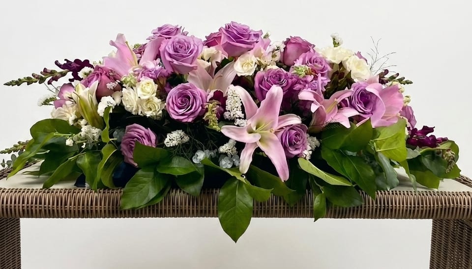 Eternal Grace Casket Spray by The Flower Spot™ - Soft lavender roses and pale pink lilies spill across a low, elongated wicker casket spray, creating an elegant sympathy arrangement that speaks of grace and lasting respect. Designed for a funeral or memorial service, this casket spray frames the casket with a romantic palette of purple, pink, white, and green that conveys admiration, comfort, and quiet beauty to the person you're honoring.  Each bloom is carefully placed in a woven basket-style base lined in white to create a full, layered composition: lavender roses and spray roses, pale pink lilies, carnations and clusters of cream-and-white spray blooms and stock, all nestled in broad, lush green foliage. The design reads luxurious yet natural - dense and elongated across the container to provide a dignified, garden-fresh presence at a service.  This arrangement is intended to be laid across the casket or used as a prominent memorial centerpiece, offering a meaningful way to say you're thinking of them. The designer's personal touch is evident in the curated flower choices and balanced color story; standard care is to keep blooms cool and hydrated until the service for best presentation.