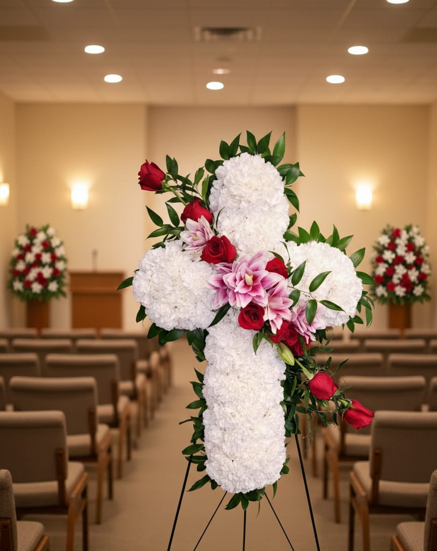 Everlasting Love  - Everlasting Love Cross Standing Spray Celebrate a life of faith and heartfelt devotion with our Everlasting Love Cross Standing Spray. This striking floral tribute is designed in the shape of a cross and features a bed of pristine white carnations, beautifully accented with a cluster of red roses and elegant white lilies in the center, symbolizing love, purity, and peace.  Thoughtfully crafted by Specialty Floral Design, your local Olympia florist, this standing spray offers a bold yet graceful expression of sympathy and remembrance. Ideal for funeral services, memorials, and celebrations of life, this floral cross stands tall on a wire easel and makes a meaningful addition to any ceremony.  We provide caring and timely delivery to Mills &amp; Mills Funeral Home, Funeral Alternatives, and Woodlawn Funeral Home in Olympia, and serve surrounding areas including Tumwater, Lacey, and greater Thurston County.  To customize the Everlasting Love Cross Standing Spray or to schedule delivery, call us at 360-688-6608 or place your order through our website.  For beautiful, handcrafted funeral flowers in Olympia, let Specialty Floral Design help you honor their memory with grace.  Please note: This arrangement is made to order and requires advance notice. It is not available for same-day delivery. 