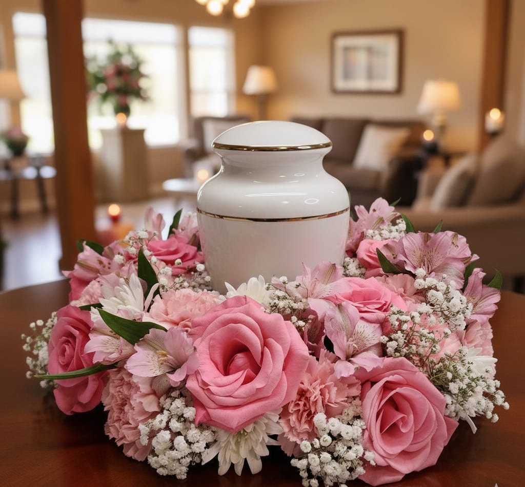 White cremation urn encircled by a wreath of pink roses, carnations, and white filler flowers.