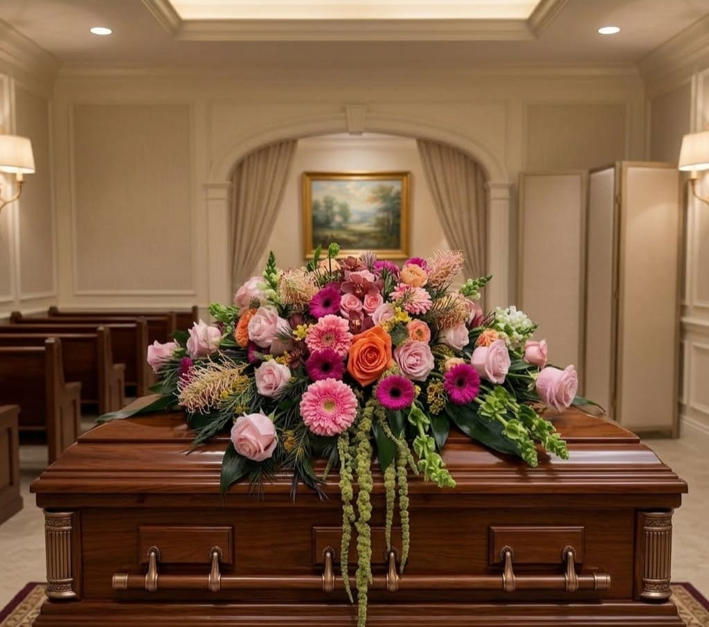 Elegant Blush &amp; Sunset Casket Spray - Elegant Blush &amp; Sunset Casket Spray Honor a life beautifully lived with our Elegant Blush &amp; Sunset Casket Spray, a luxurious sympathy arrangement designed by Specialty Floral Design, your local Olympia and Lacey florist. This high-end casket spray features a radiant blend of soft pinks and warm sunset tones, thoughtfully arranged to create a graceful and meaningful tribute.  This design includes premium pink and orange roses, vibrant hot pink gerbera daisies, rich burgundy orchids, and flowing green amaranthus for added texture and movement. Accented with Bells of Ireland for height and elegance, and seasonal flowering grevillea (when available), this arrangement offers a lush, garden-inspired aesthetic that feels both refined and natural.  Perfect for funeral services, memorials, and celebrations of life, this casket spray brings comfort, beauty, and a sense of peace during a difficult time. Each arrangement is handcrafted with care, ensuring a one-of-a-kind floral tribute that reflects love, remembrance, and honor.  As a trusted Olympia florist, Specialty Floral Design provides reliable and respectful delivery of funeral flowers, sympathy arrangements, and casket sprays throughout Olympia, Lacey, Tumwater, and surrounding areas. We regularly deliver to local funeral homes and memorial venues, helping ensure your tribute arrives on time and with the utmost care. 