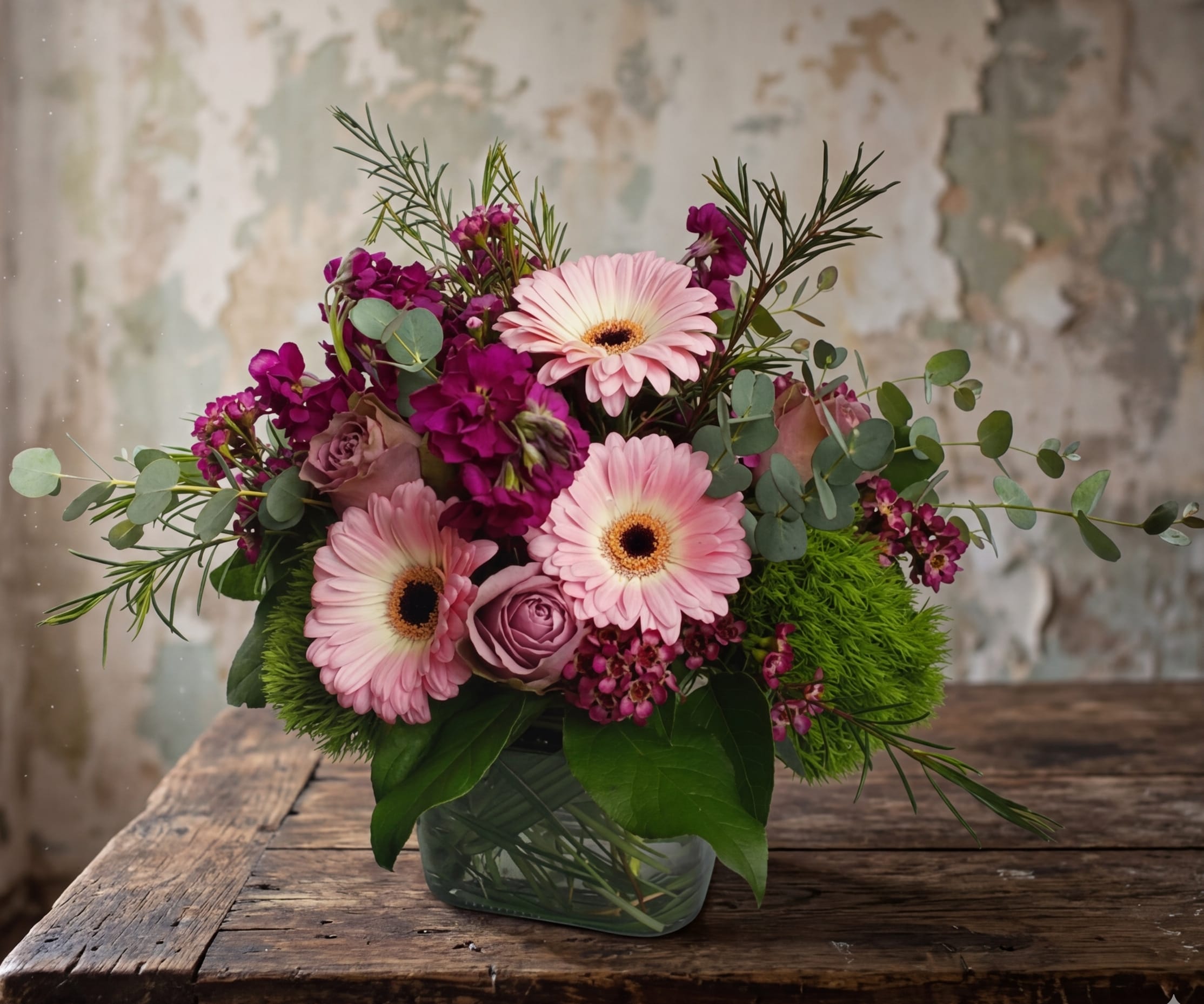 Olympia Sweetheart Blooms - Olympia Sweetheart Blooms – Flower Delivery in Olympia, WA  Soft, pretty, and full of charm, our Olympia Sweetheart Blooms is one of those arrangements that just makes people smile. Designed in a clean square vase, it features green trick dianthus, light pink gerbera daisies, roses, hot pink stock, and waxflower for a beautiful mix of texture and color.  This design is lower and rounded, giving it that full, compact look that works perfectly on a desk, kitchen counter, or side table. It’s not too big, not too small, just right for everyday spaces.  It’s a lovely choice for anniversary flowers, but also perfect for birthdays or sending something thoughtful just because. The soft pink tones mixed with brighter pops of color give it a romantic feel without being too heavy.  Every arrangement is designed in our shop using fresh flowers and a natural style, so each one is a little different in the best way. That’s what makes it feel more personal when it arrives.  We offer same-day flower delivery in Olympia, Tumwater, and Lacey, WA, making it easy to send something meaningful right when you need it. If you’re looking for a local florist in Olympia, we’d love to create something special for you.