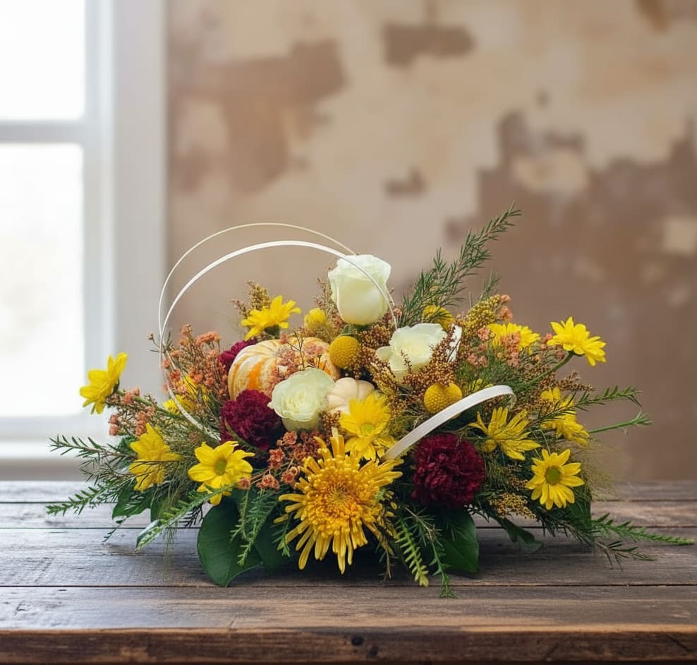 Low basket arrangement with yellow and white flowers and a small pumpkin