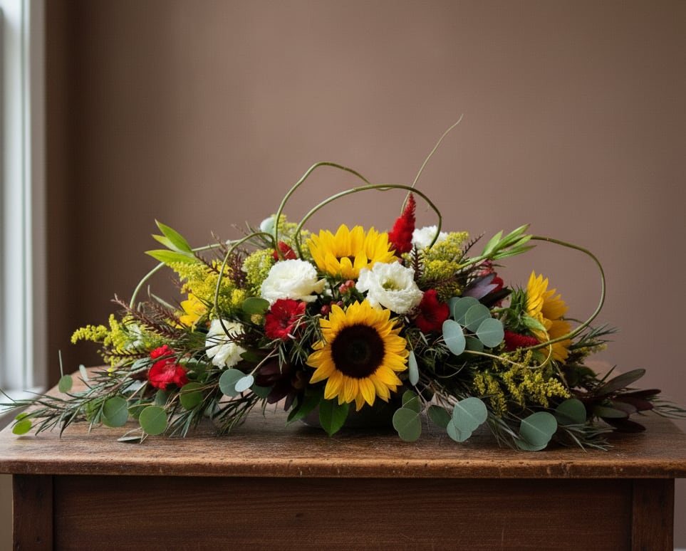 Low floral arrangement with sunflowers, white blooms, and red accents