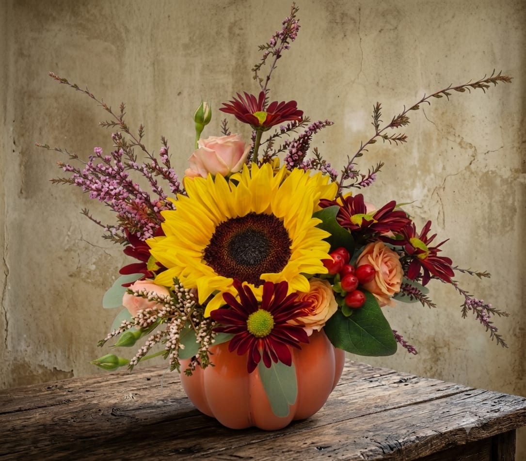 Sunflower and mixed flower arrangement in a pumpkin-shaped vase