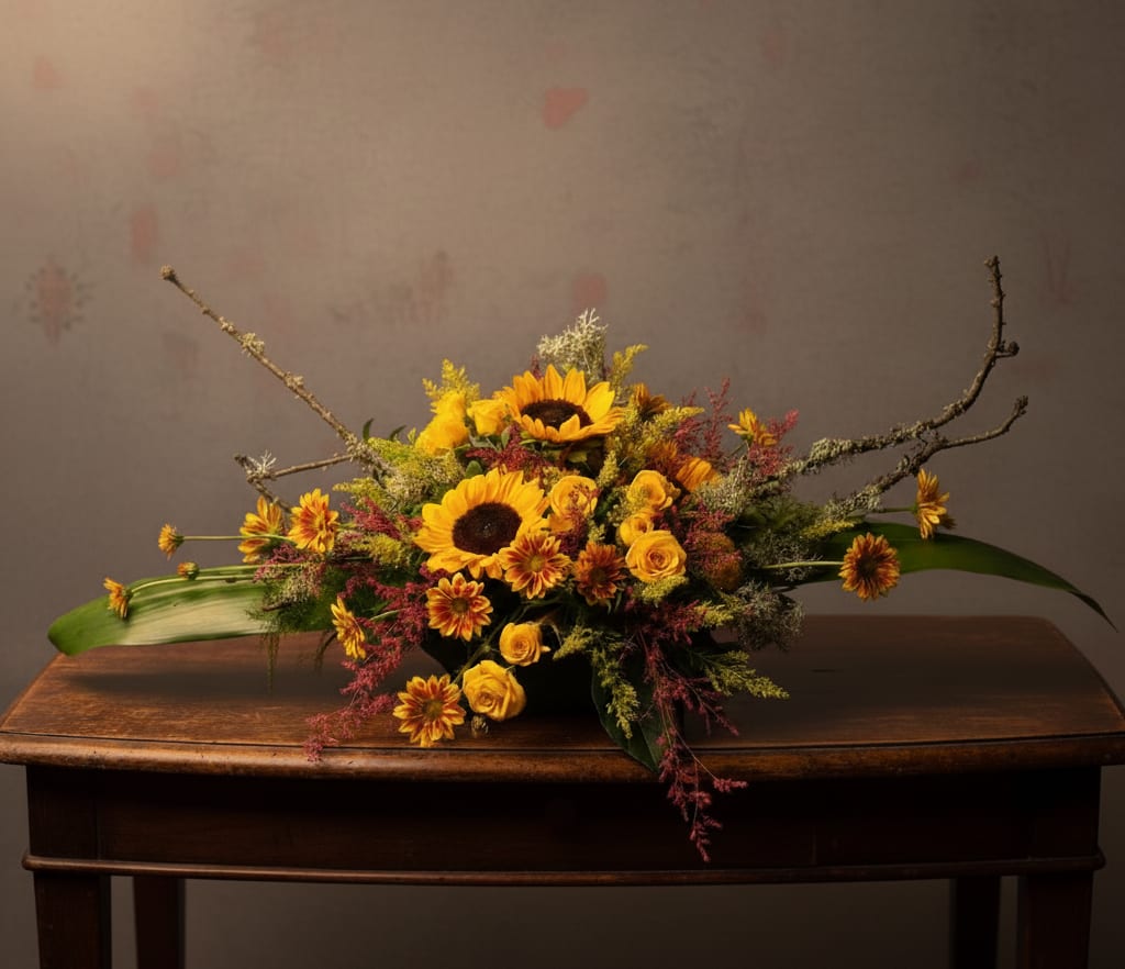 Sunflower and yellow rose arrangement in a low container with long branches