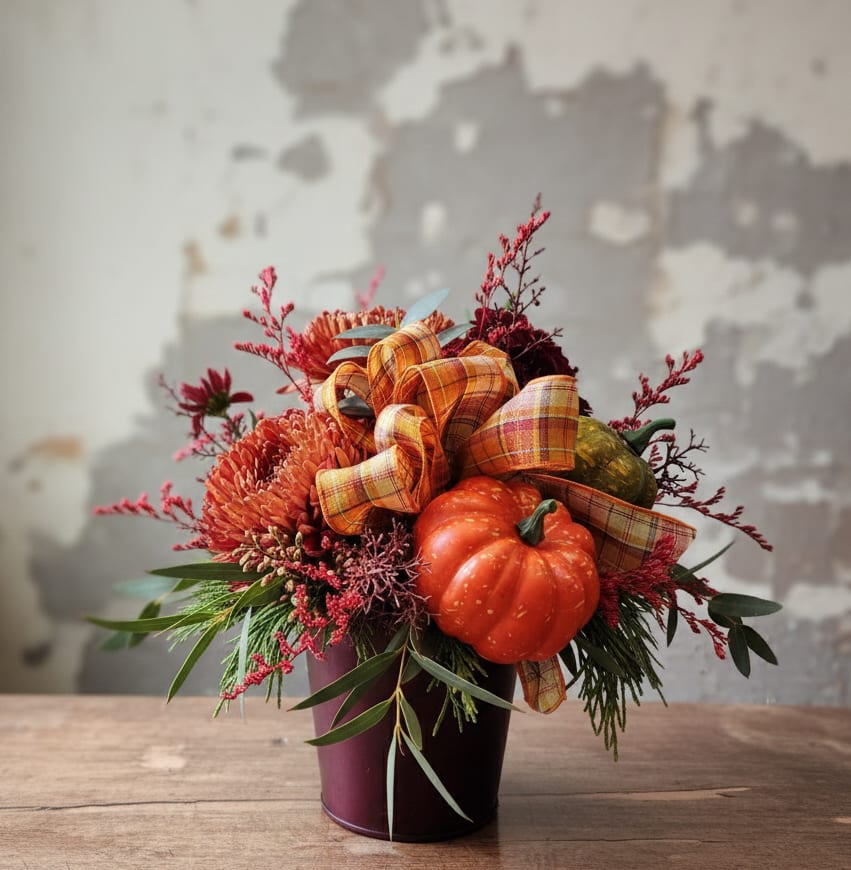 Fall arrangement with orange flowers, pumpkins, and plaid ribbon in a burgundy pot