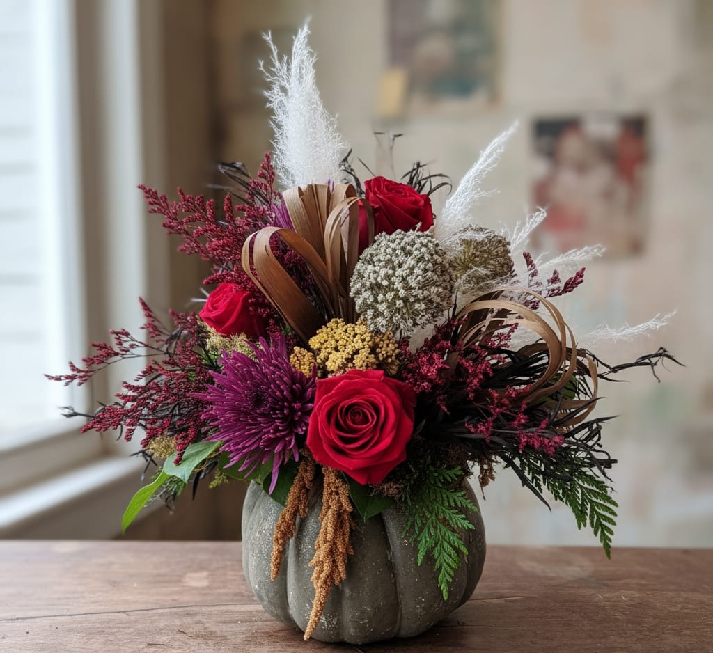 Arrangement of red roses and purple flowers in a gray pumpkin vase