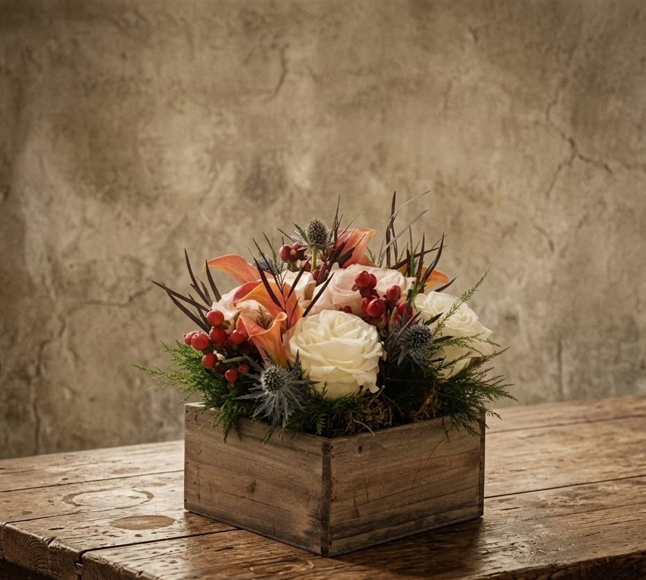White roses and orange calla lilies in a wooden box