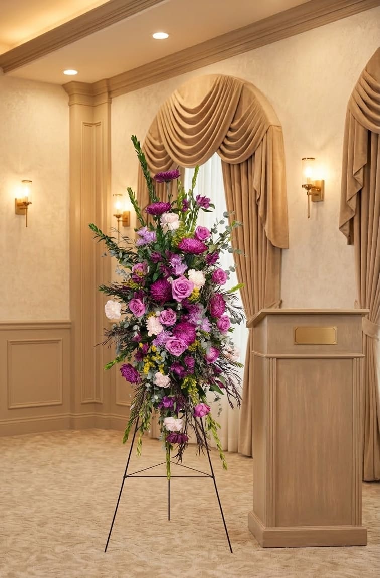 Garden of Comfort Stand Sympathy Spray - The Garden of Comfort Stand Sympathy Spray is a beautiful and heartfelt tribute for funerals, memorials, or celebrations of life in Tumwater, WA. This elegant spray features a soothing combination of purple, white, and yellow flowers, offering comfort and a meaningful expression of sympathy.  Perfect for display at a funeral service or memorial, this sympathy flower arrangement allows friends and family to honor and remember a loved one with grace and compassion. Each stand spray is carefully crafted by our experienced floral designers to convey beauty, care, and lasting memories.  Specialty Floral Design, a locally owned florist serving Tumwater, Olympia, Lacey, and surrounding areas, provides same-day delivery for funeral and sympathy flowers. Sending the Garden of Comfort Stand Sympathy Spray is a gentle, elegant way to show love, support, and remembrance during difficult times.