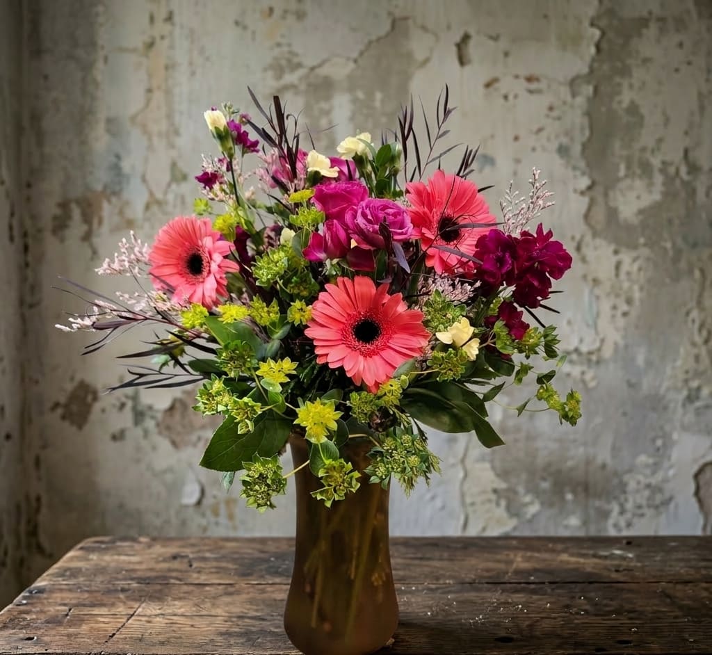 Tall bouquet of pink gerbera daisies and mixed blooms in an amber glass vase on a rustic wooden table.
