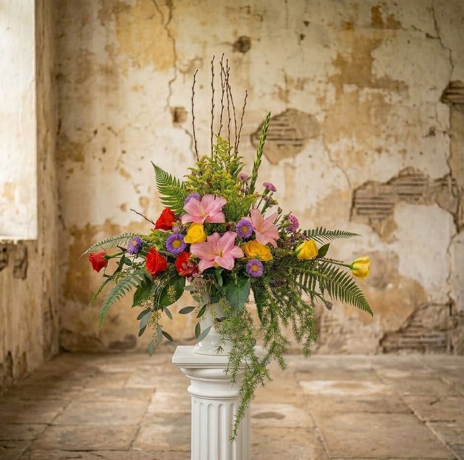 Tall mixed arrangement of pink lilies, red and yellow roses, and purple asters with ferns in a white urn on a pedestal.