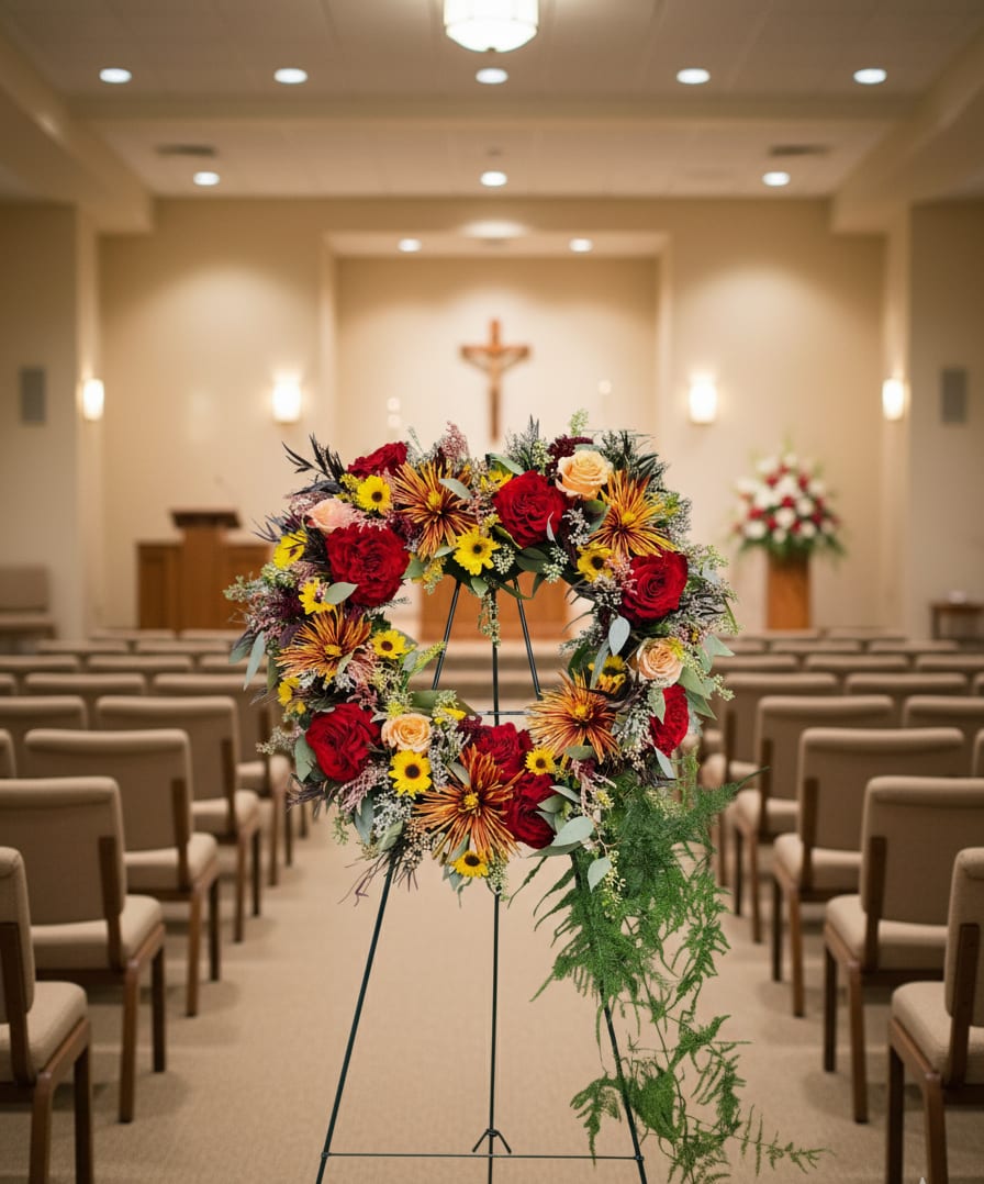 Standing round wreath of red roses, yellow daisies and striped mums on an easel in a chapel aisle