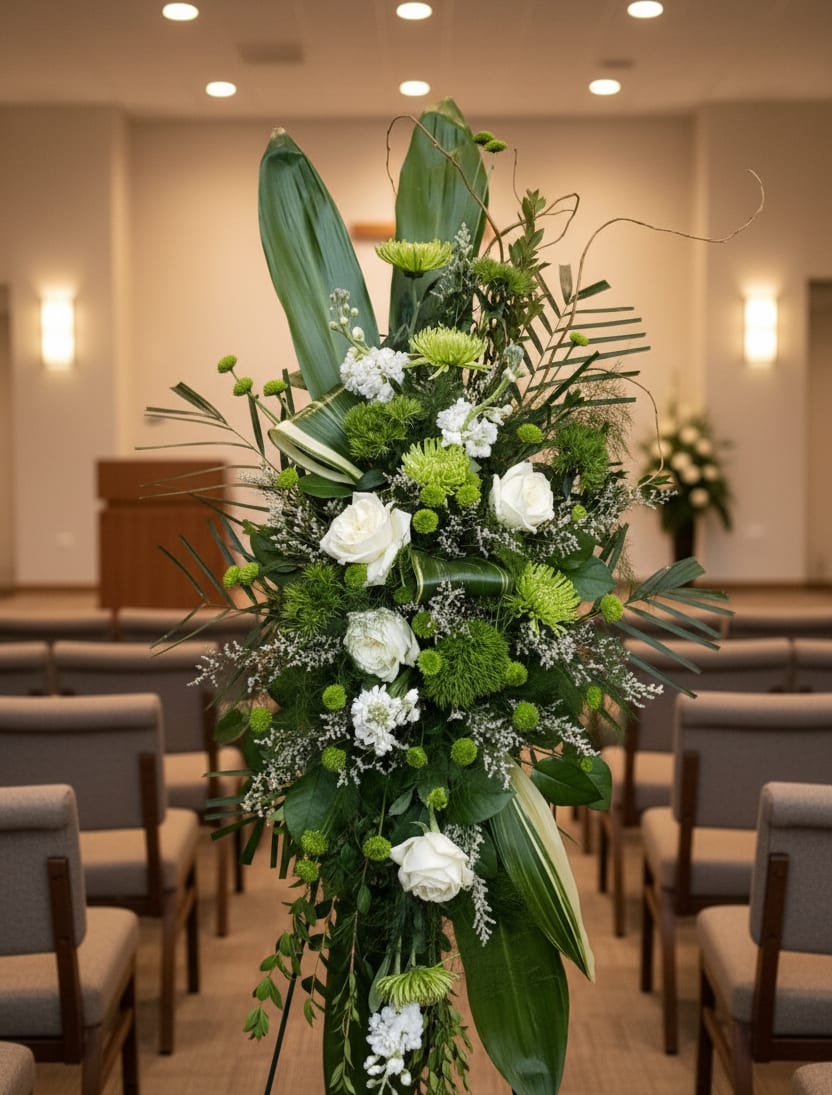 Tall green and white standing spray with roses and mums on a metal easel in a chapel