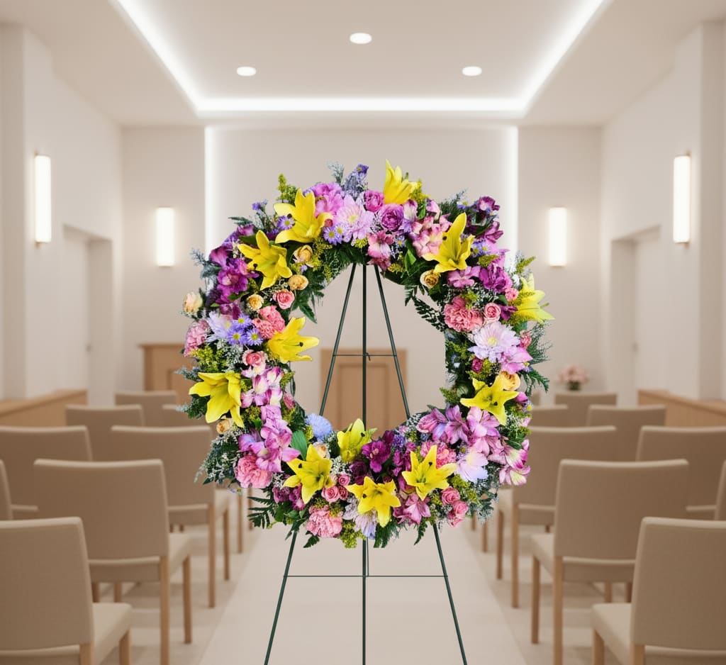 Colorful standing wreath with yellow lilies and pink mixed flowers on a metal easel in a chapel.