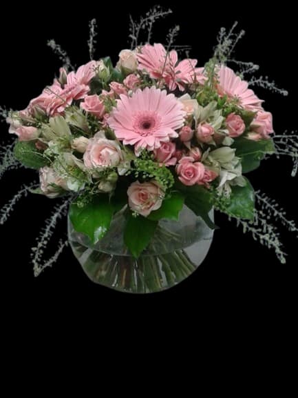 Blush Dream - Blush Dream features a rounded gathering of soft pink gerbera daisies and delicate pink roses, creating a romantic blush-toned arrangement perfect for birthdays, thank-you gifts, or a gentle “thinking of you” surprise. The feminine palette of pink, white, and fresh green feels light, elegant, and uplifting — the kind of gesture that makes someone feel truly cherished.  White alstroemeria and airy greenery add texture and natural movement, while the clear glass ball vase keeps the design modern, fresh, and effortlessly refined. With its compact, domed silhouette, Blush Dream fits beautifully on a bedside table, coffee table, or office desk, bringing a soft floral presence that brightens any space without overwhelming it. Ideal for everyday gifting and meaningful moments alike.