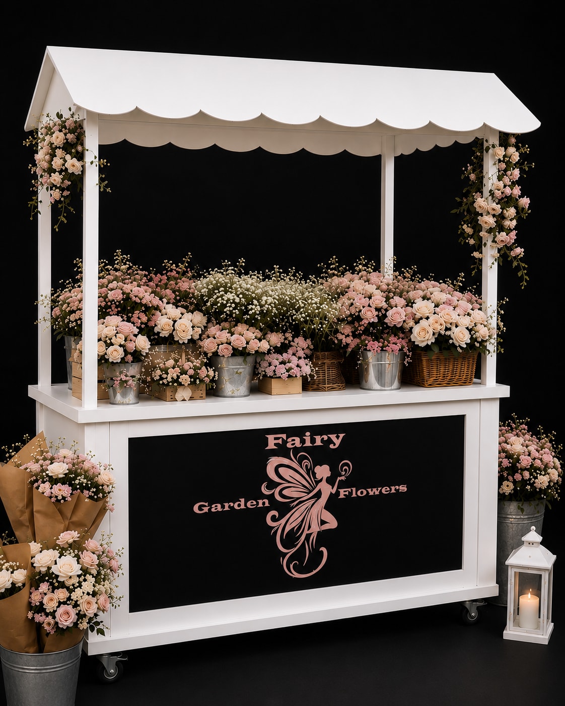 Flower Bar for Events - Our handcrafted Fairy Garden Flower Bar creates an elegant, interactive floral experience for weddings, bridal showers, baby showers, birthdays, corporate events, grand openings, holiday parties, boutique events, and private gatherings. Guests can create their own bouquets while enjoying a beautiful floral display designed to complement your celebration.  Flower Bar Rental – $300 => Includes the handcrafted Flower Bar cart only. Local Delivery – $50 Flower Bar Attendant – $150 => Includes one attendant for up to 4 hours of service, including approximately 1 hour for setup and breakdown.  Fresh Floral Bouquets – Starting at $35 each  Flowers are priced separately and customized for each event. Final bouquet pricing depends on flower selection, bouquet size, and design style.  Every Flower Bar is tailored to your event, color palette, and budget. Custom floral packages, including flowers, delivery, and optional on-site service, are available upon consultation.  Please Note: Flower Bar rentals are custom event services and are not subject to our standard flower delivery or substitution policies.