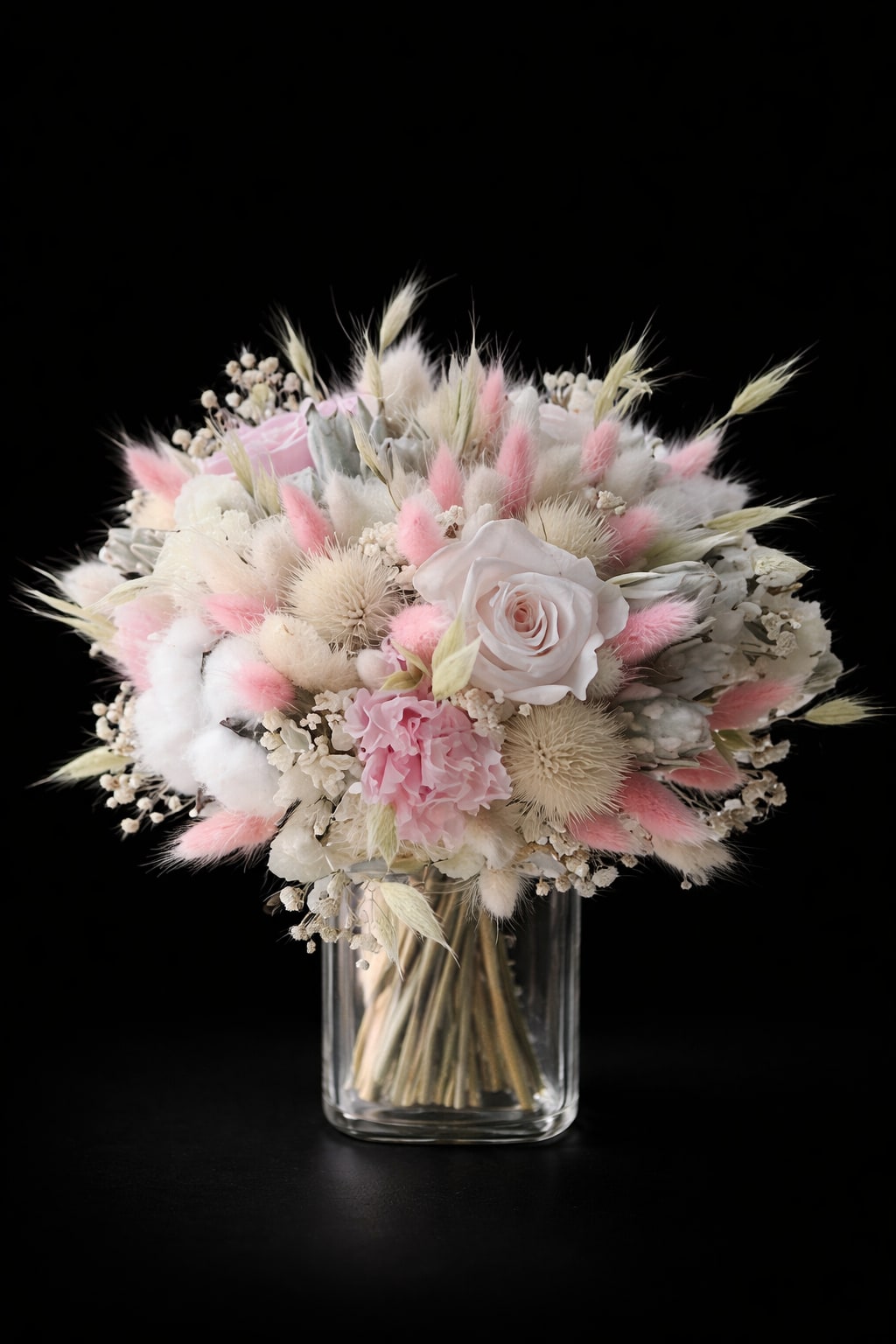 Nature Beauty - A cloudlike cluster of pastel blooms-soft white, lavender, peach and pink-makes this compact flower arrangement a tender choice for Mother's Day, an anniversary, or to say thank you. The rounded bouquet in a clear glass vase reads gentle and refined, the kind of gift that lets the person you're thinking of feel loved and seen; it also makes a quiet, joyful welcome for a new baby or a thoughtful nod on Women's Day.  Inside the glass vase you'll find a mix of carnations, hyacinth, mini calla lilies, roses and other delicate stems arranged tightly for a plush, airy look. Pale pink‑lavender roses sit among fluffy, cotton‑like tufts and small textured dried elements, while soft peach and blush accents add warmth. The arrangement's compact size fits tabletops or nursery dressers and brings a calm, comforting presence to any room.  Perfect for marking sentimental moments-an anniversary toast, a thank‑you surprise, or a new‑baby visit-this bouquet needs only fresh water and a clean vase to stay lovely. Place it out of direct sunlight, refill water every other day, and trim stems as needed to extend its soft, dreamy bloom.