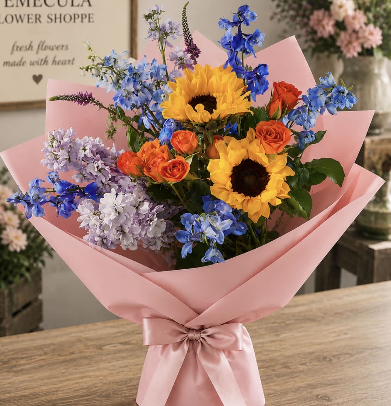 Bouquet of sunflowers, orange roses, and blue flowers wrapped in pink paper