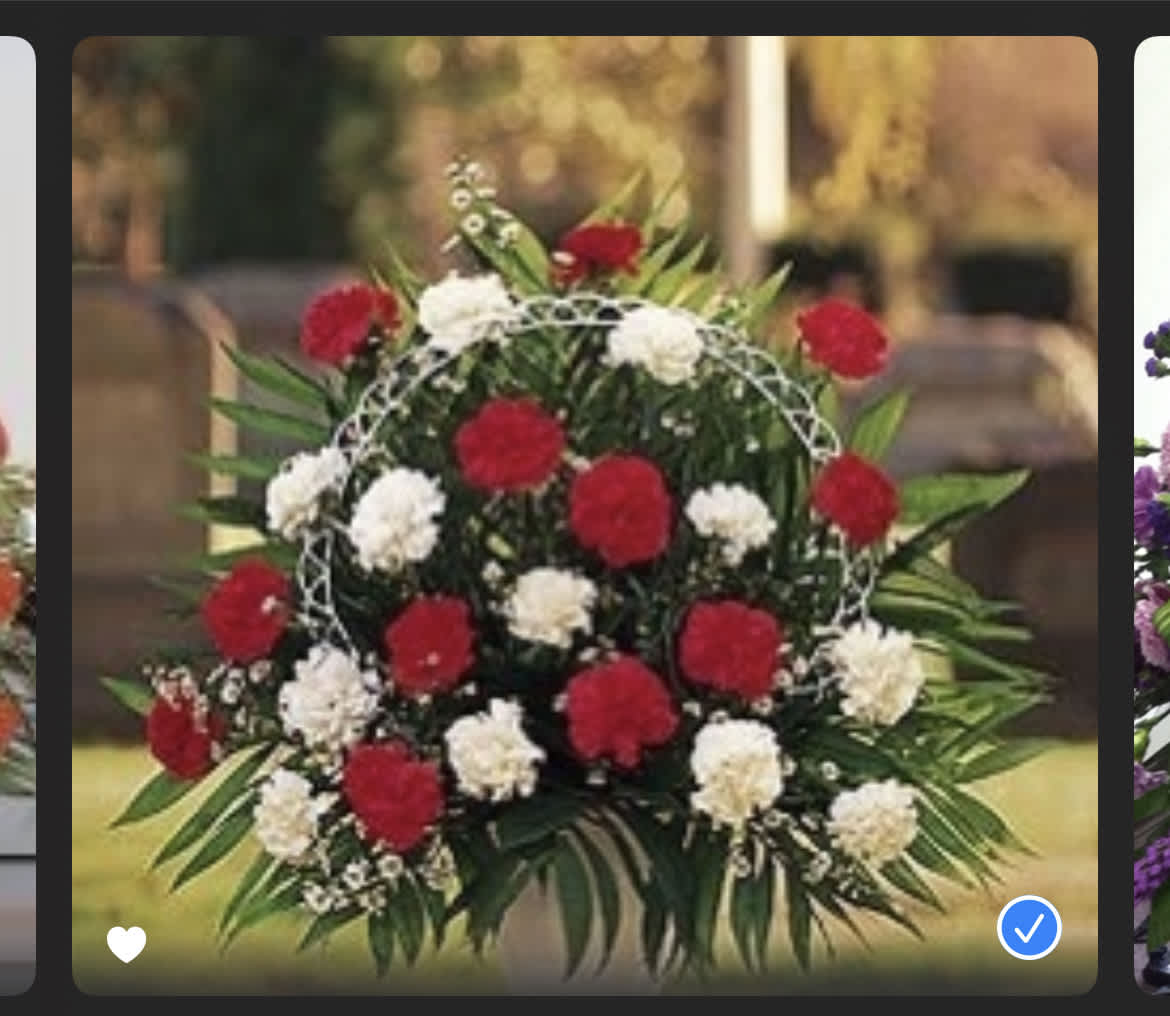 Round arrangement of red and white carnations with a decorative wire frame