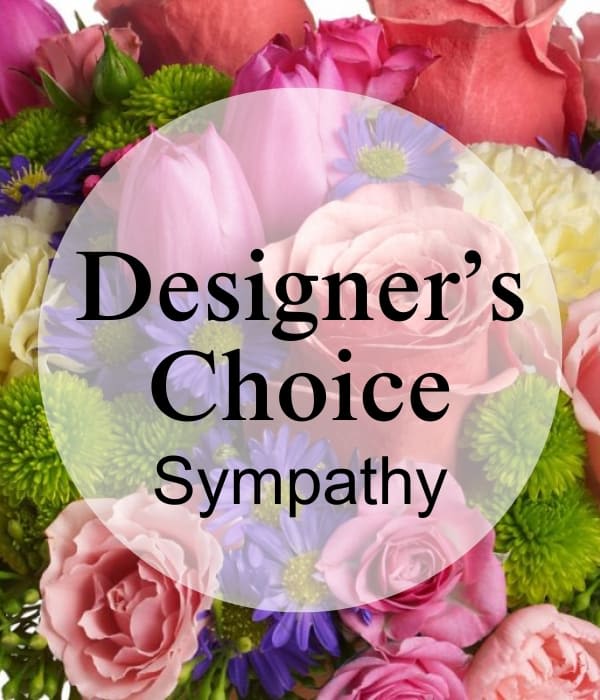 Mixed pink and purple flowers with sympathy text overlay