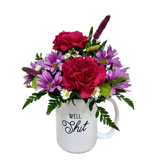 Well sh*t! - Everyone needs a little pick me up when life hand us a crappy day.   This mug is filled with vibrant carnation, daisys and button. 