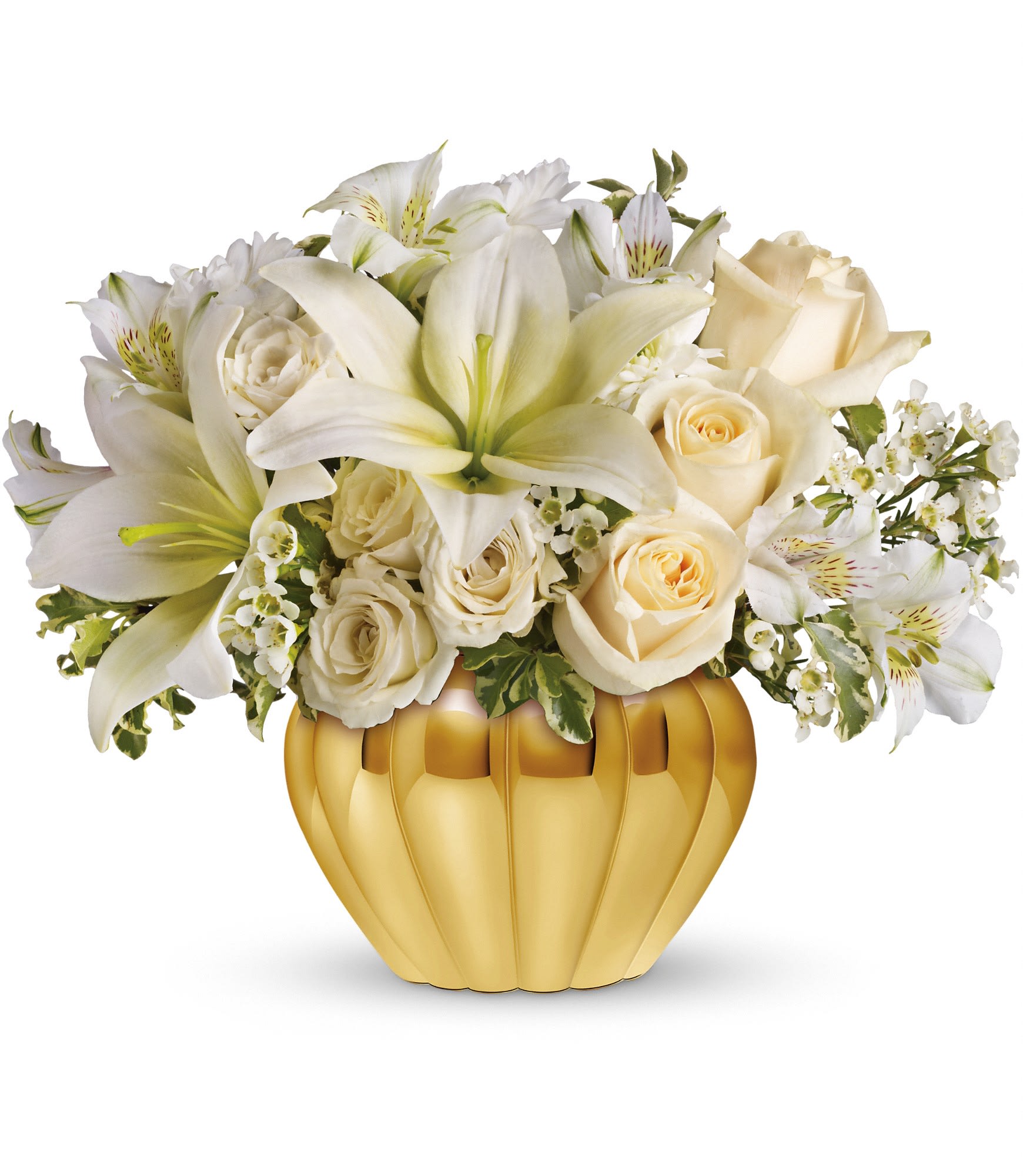 Teleflora's Touch of Gold - A touch of gold adds a touch of class to this gorgeously understated bouquet featuring white roses and white lilies in a golden ribbed JardiniÃ¨re vase. Whatever the occasion, this delightful gift will make it even happier.  