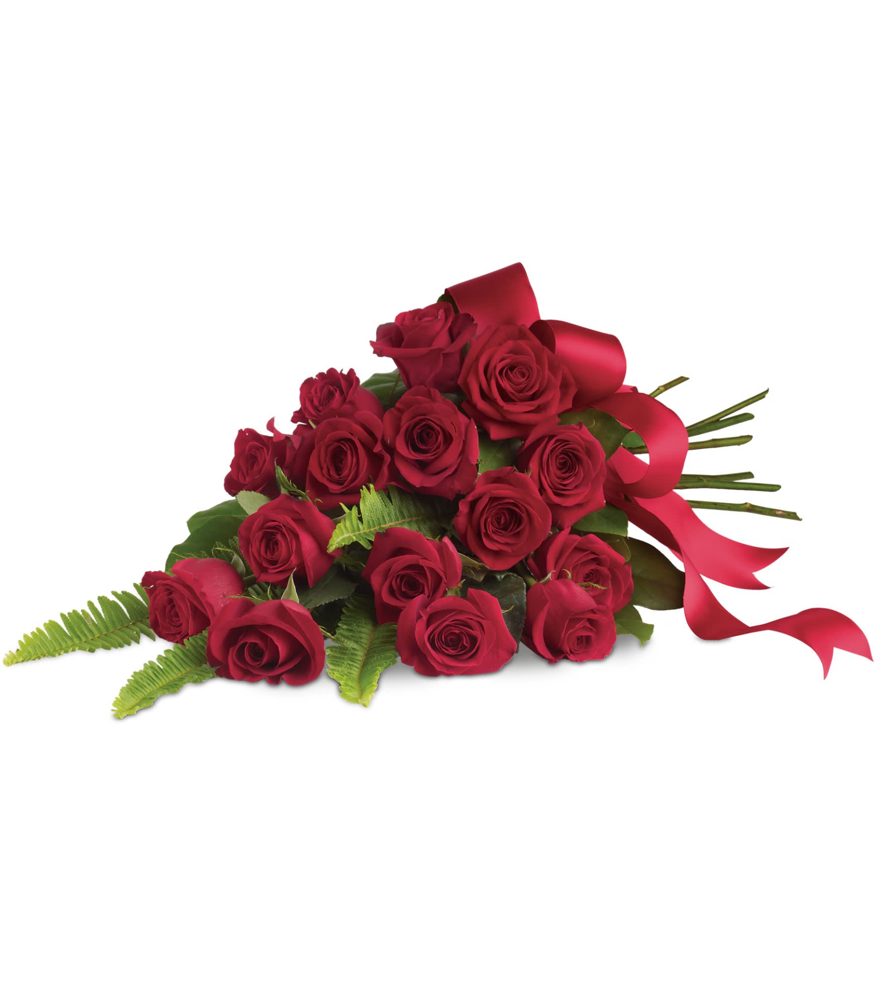 Rose Impression by Teleflora - An elegant all-red rose bouquet hand-tied with satin ribbon. Heartfelt in its simplicity, it is perfectly paired with soft-green sword fern.  
