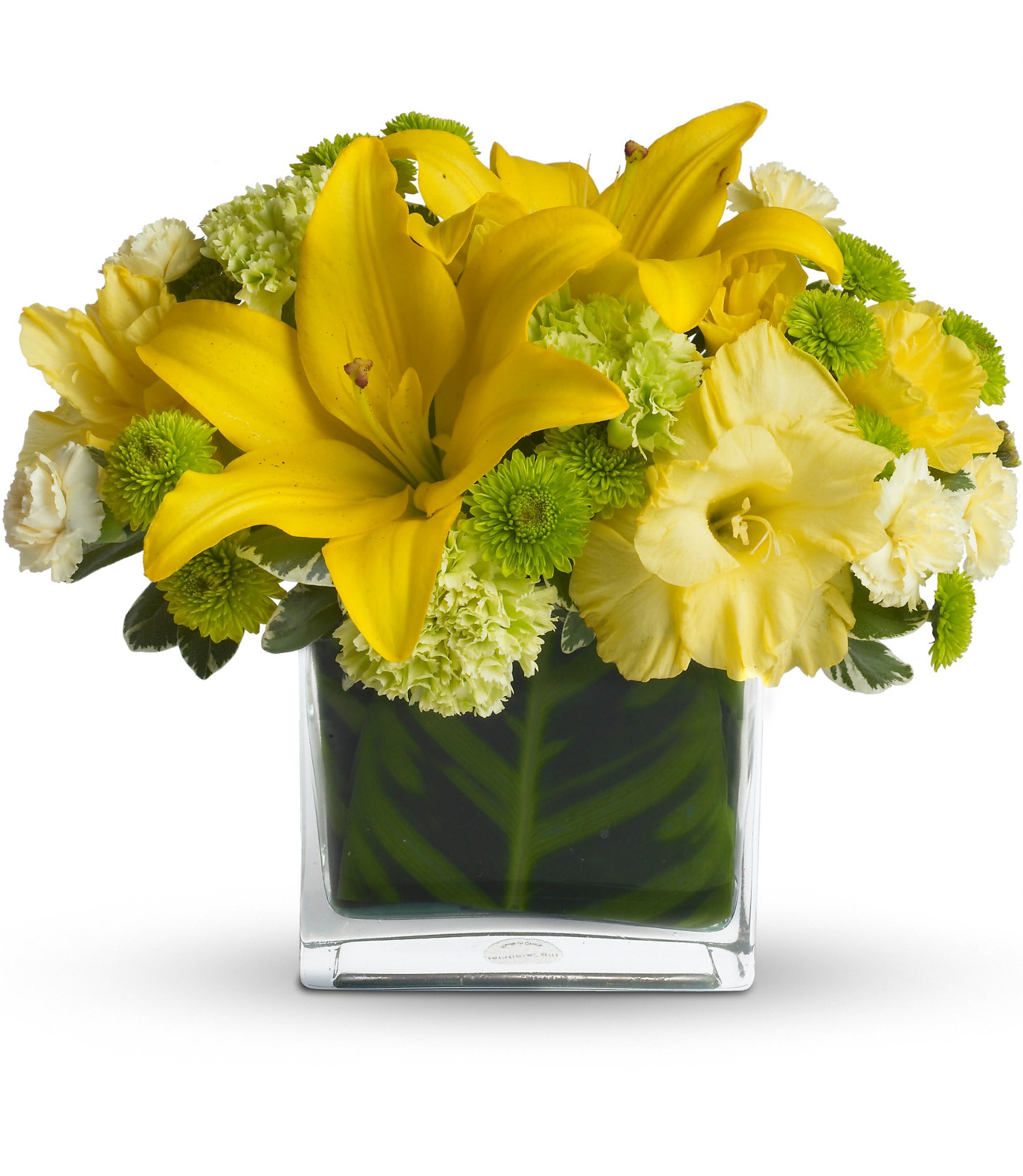 Oh Happy Day by Teleflora - Oh, what a happy day it will be for whoever is lucky enough to have this vase full of joyful and jubilant blossoms delivered to them. Perfect for Happy Birthday or Happy Any Day, this pretty arrangement is sure to inspire smiles!    Dazzling green roses, carnations and button spray chrysanthemums, yellow asiatic lilies and gladioli along with fresh greens fill a rectangular glass vase. Come on! Say it and send it like you mean itâ¦ Oh Happy Day!    Approximately 12" W x 10" H    Orientation: All-Around    As Shown : T27-1A  Deluxe : T27-1B  Premium : T27-1C