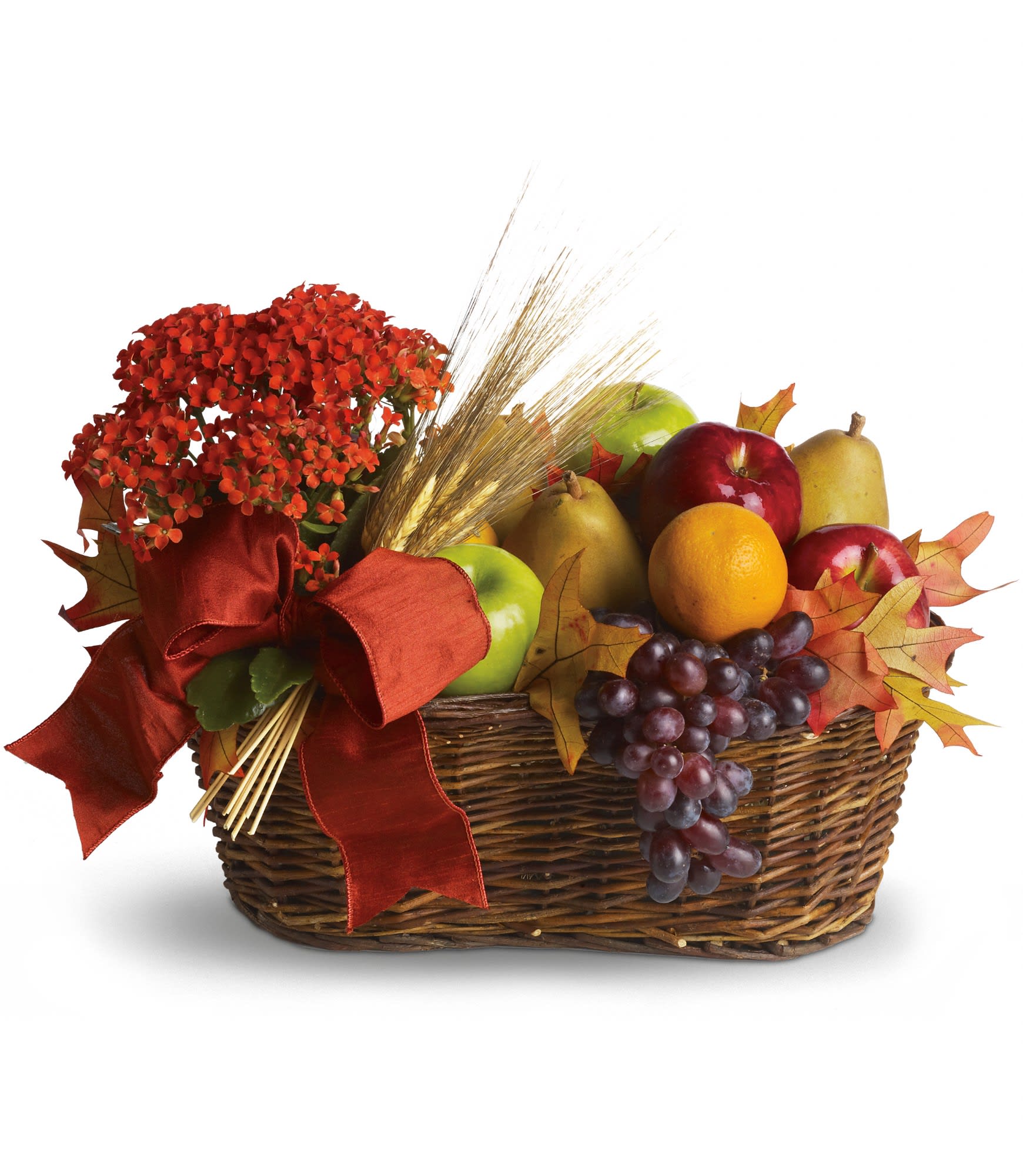 Fresh Picked - Whoever is lucky enough to receive this gift will know you've picked it just for them. So delightful. So delicious. So different. It's the perfect blend of beauty and bounty!    A live kalanchoe potted plant is surrounded by fresh pears, red and green apples, red grapes and tangerines. Add some wheat stalks and a pretty taffeta ribbon and what you've got is a basket full of goodness.    Approximately 19" W x 15 1/2" H      Please note: All of our bouquets and gift baskets are hand-arranged and delivered locally by professional florists. This item may require additional lead time so same-day delivery is not available.    Orientation: N/A    As Shown : T174-3A  Deluxe : T174-3B  Premium : T174-3C